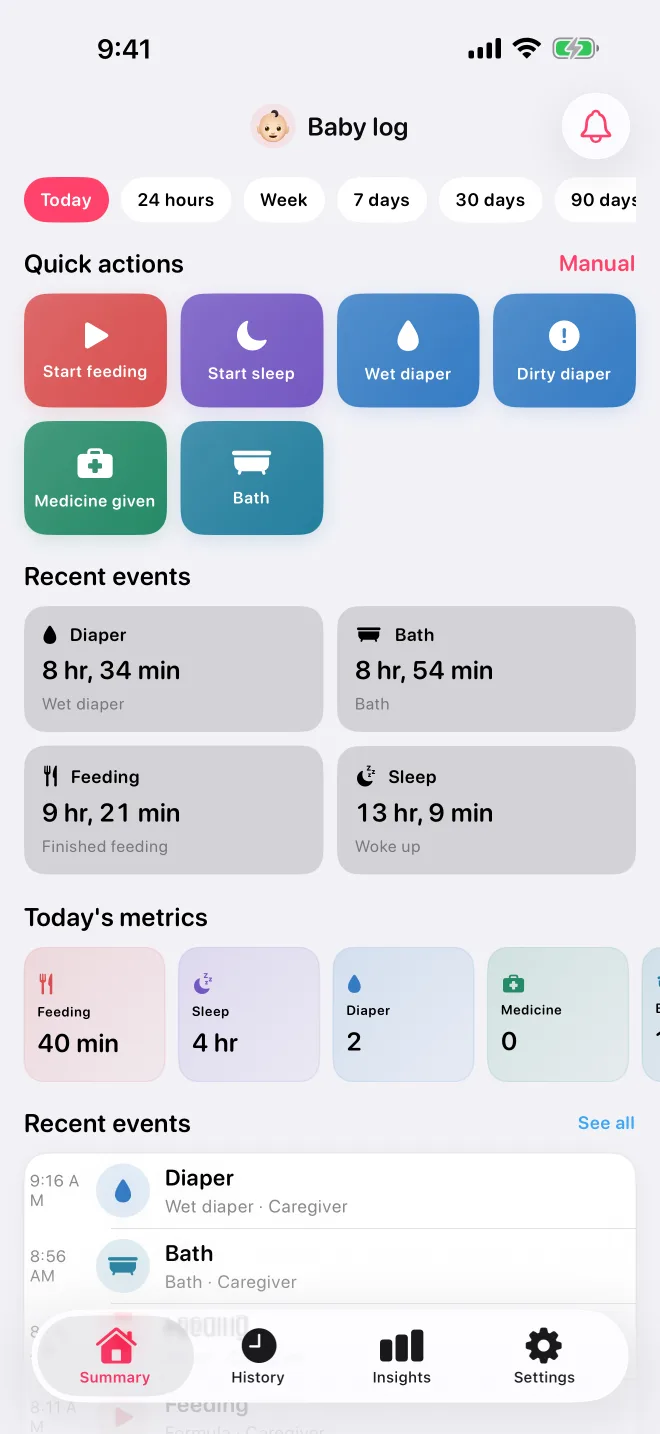 Newborn tracker dashboard with one-tap care actions