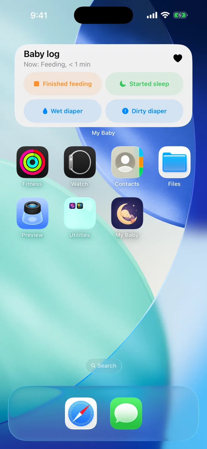 Closeby newborn tracker Home Screen widget on iPhone